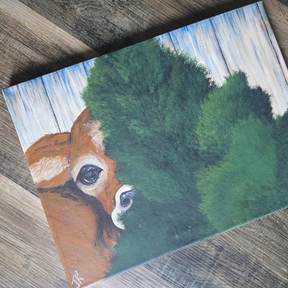 Cow Behind A Bush Original Acrylic Painting 12x16in Canvas
